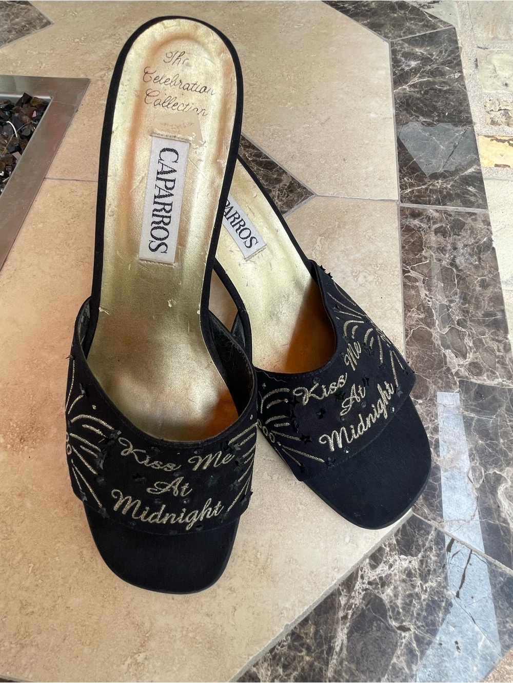 Caparros Rare Y2K “Kiss Me At Midnight” Black Slide Heels with Gold Embroidery